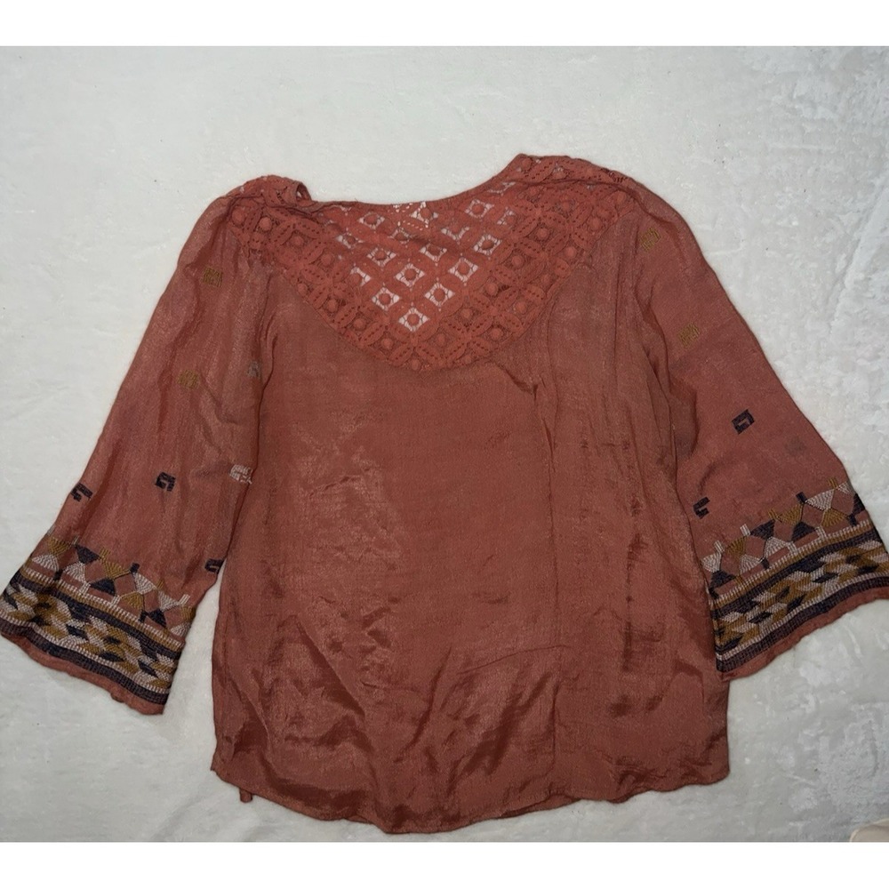 Anthropologie Fig Flower Women's Large Blouse‎ Orange Geometric Bell Sleeve Boho - Picture 3 of 7